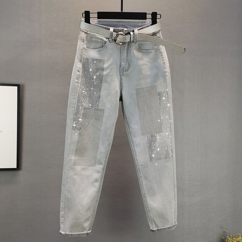 Elastic jeans with rhinestones, Spring summer, from high waist