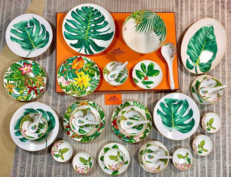 Big set crockery of bone porcelain, 36 items, series Tropical Rainforest