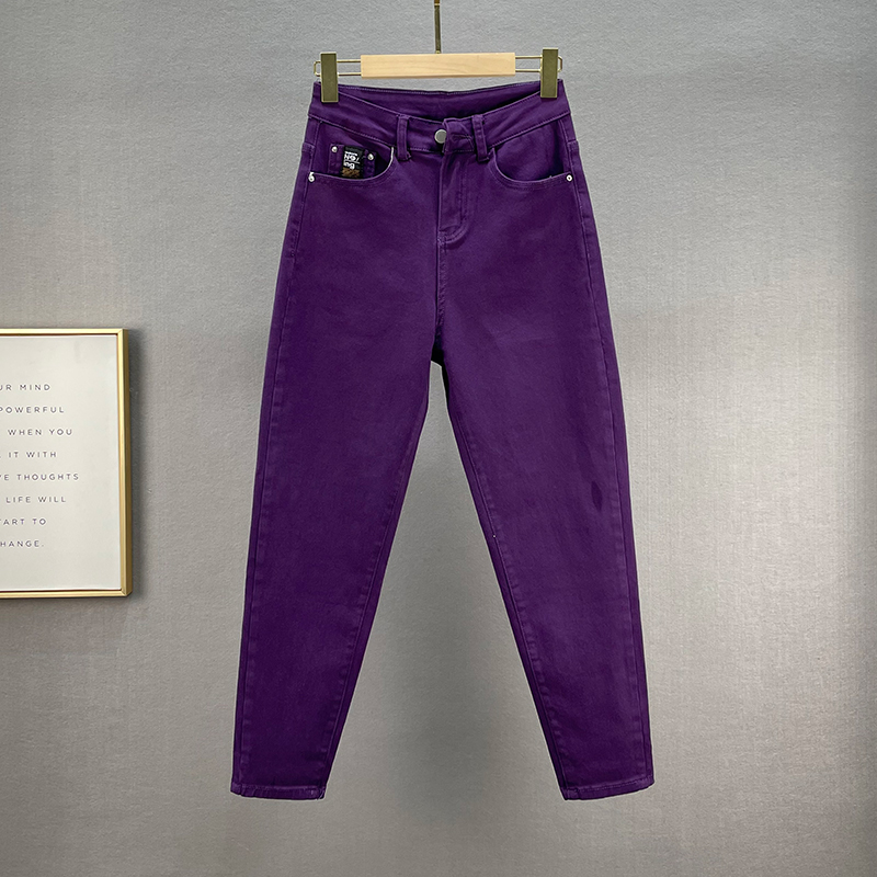 Purple women's elastic jeans, spring, from high waist