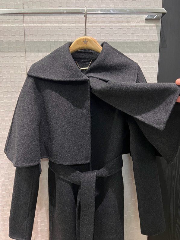 Длинное шерстяное пальто с накидкой шалью фото 2