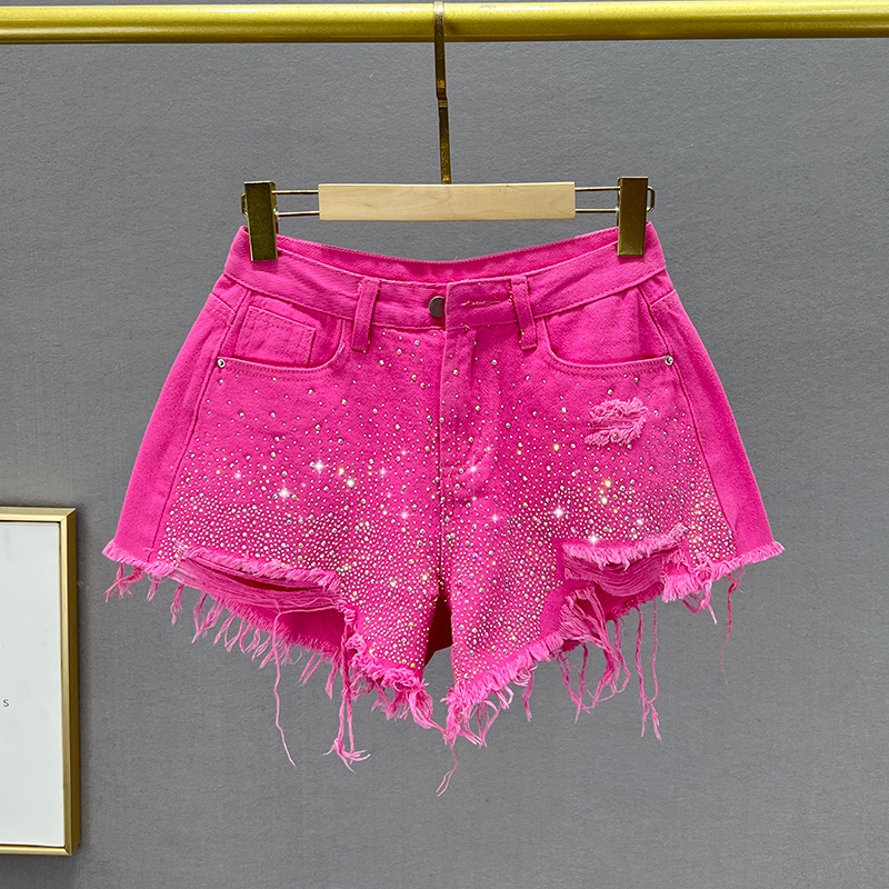 Torn denim shorts women's pink, Spring summer