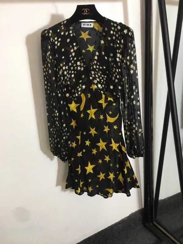 Silk dress from long sleeves Star Moon Printing