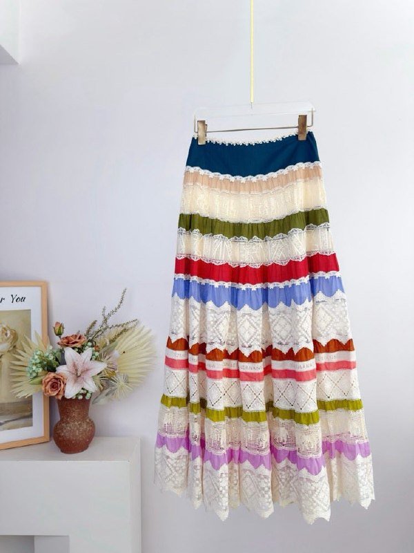 Skirt midi INDRA at strip from lace and patchwork embroidery