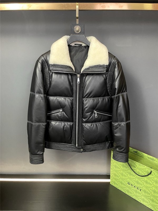 Кожаная мужская дубленка на пуху с меховым воротником