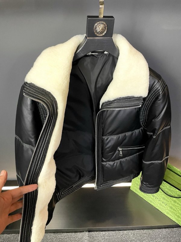 Кожаная мужская дубленка на пуху с меховым воротником фото 3