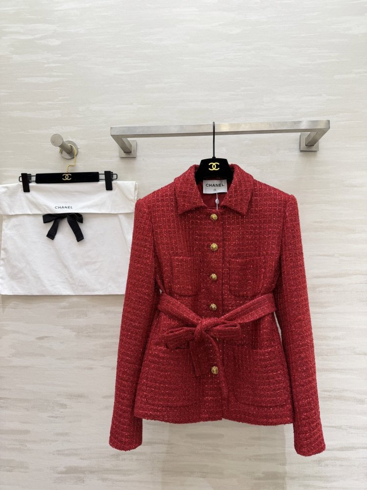 Red tweed jacket from belt on gold buttons