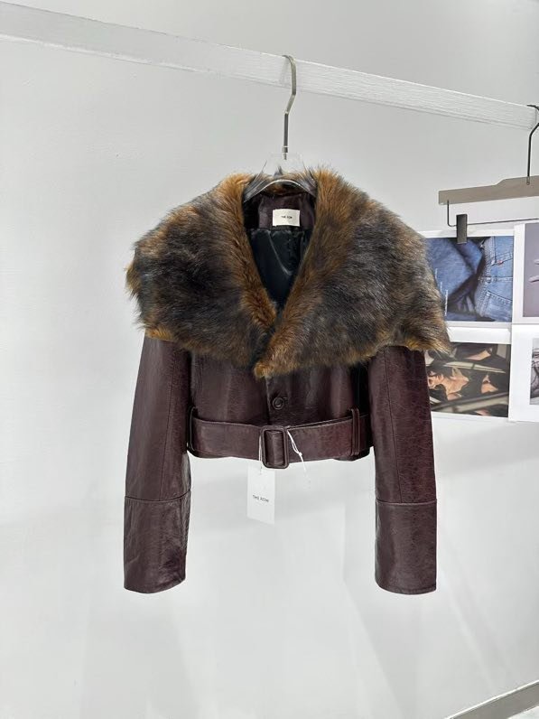 Jacket leather women's from fur collar
