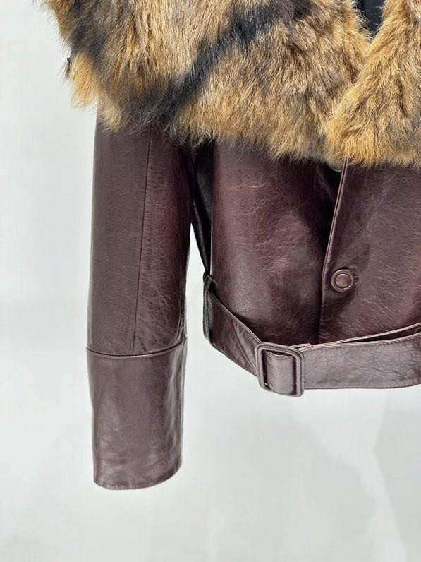 Jacket leather women's from fur collar фото 6