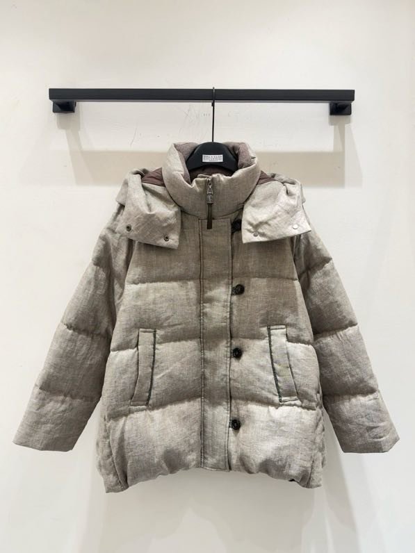 Льняная куртка пуховик с воротником стойкой и капюшоном