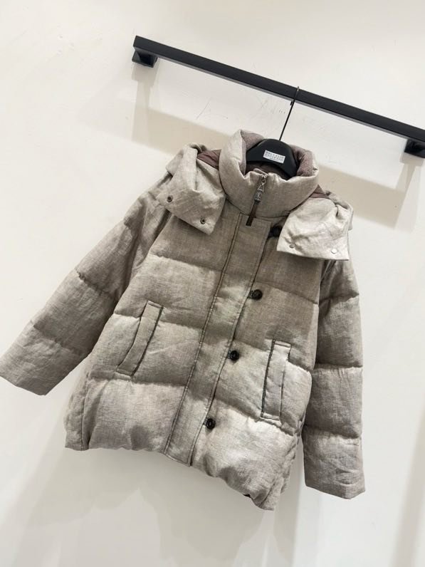 Льняная куртка пуховик с воротником стойкой и капюшоном фото 2