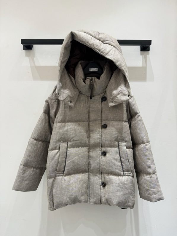 Льняная куртка пуховик с воротником стойкой и капюшоном фото 7