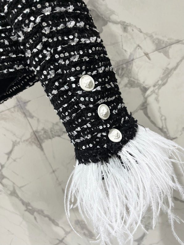 Піджак твідовий з обробкою з страусиних пір'я фото 7