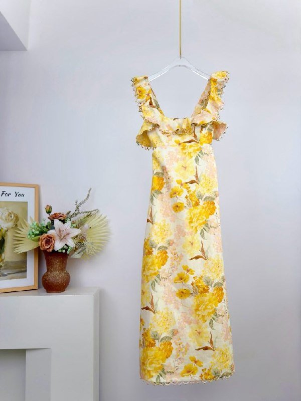 Dress midi INDRA from ruffles and double straps on shoulders