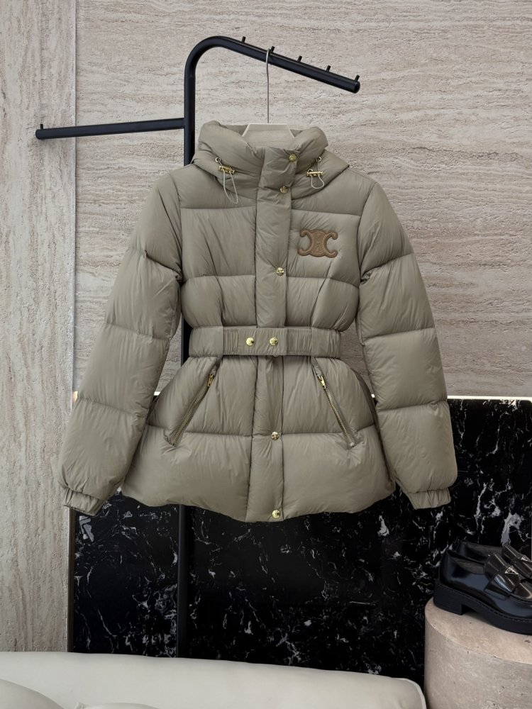 Пуховик Celine средней длины с поясом и капюшоном