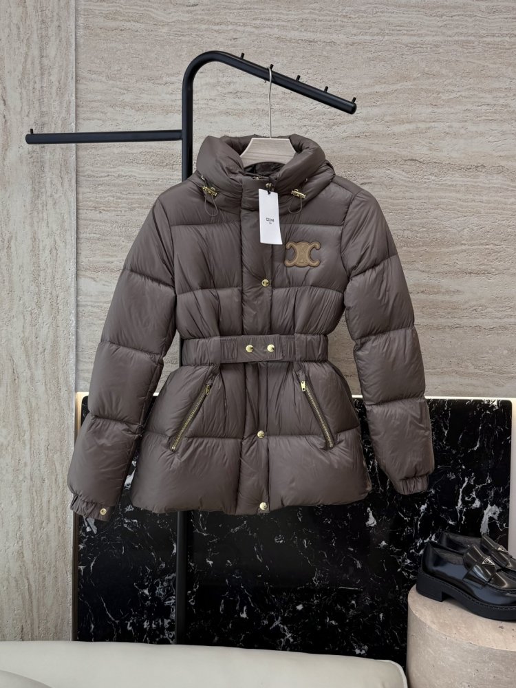 Пуховик Celine средней длины с поясом и капюшоном