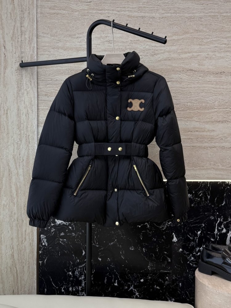 Пуховик Celine средней длины с поясом и капюшоном