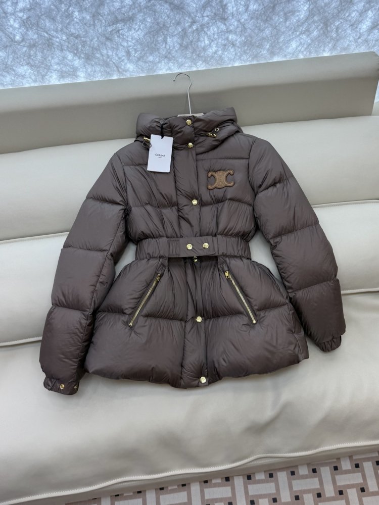 Пуховик Celine средней длины с поясом и капюшоном фото 3
