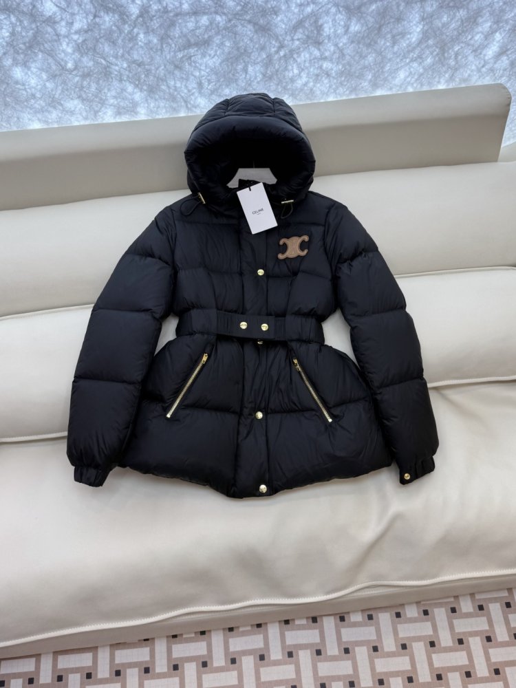 Пуховик Celine средней длины с поясом и капюшоном фото 3