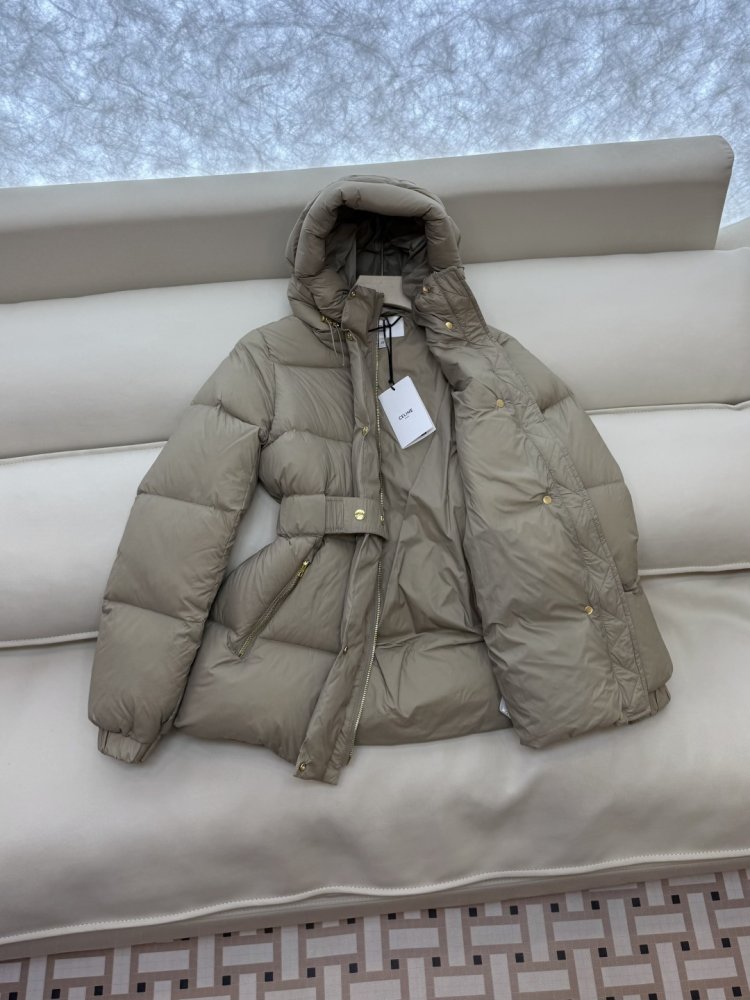 Пуховик Celine средней длины с поясом и капюшоном фото 5