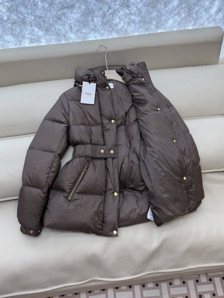 Пуховик Celine средней длины с поясом и капюшоном фото 5