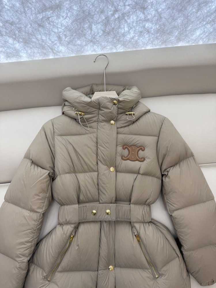 Пуховик Celine средней длины с поясом и капюшоном фото 6