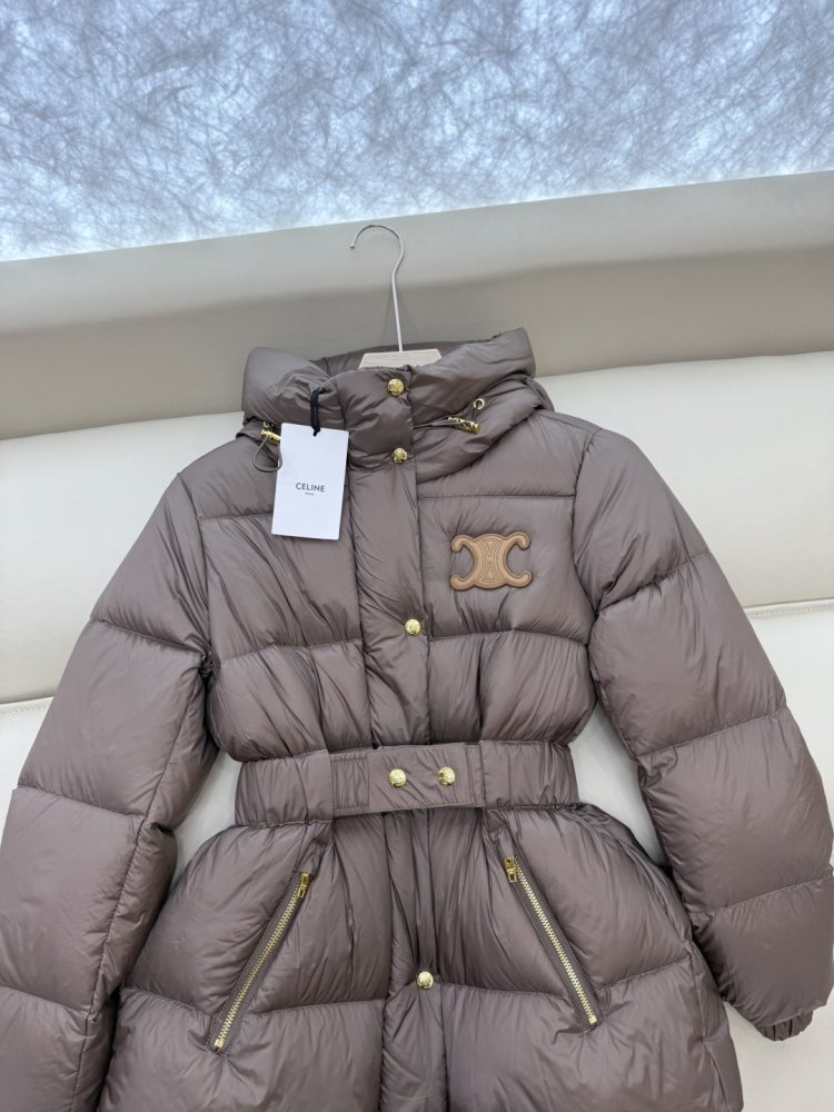 Пуховик Celine средней длины с поясом и капюшоном фото 6