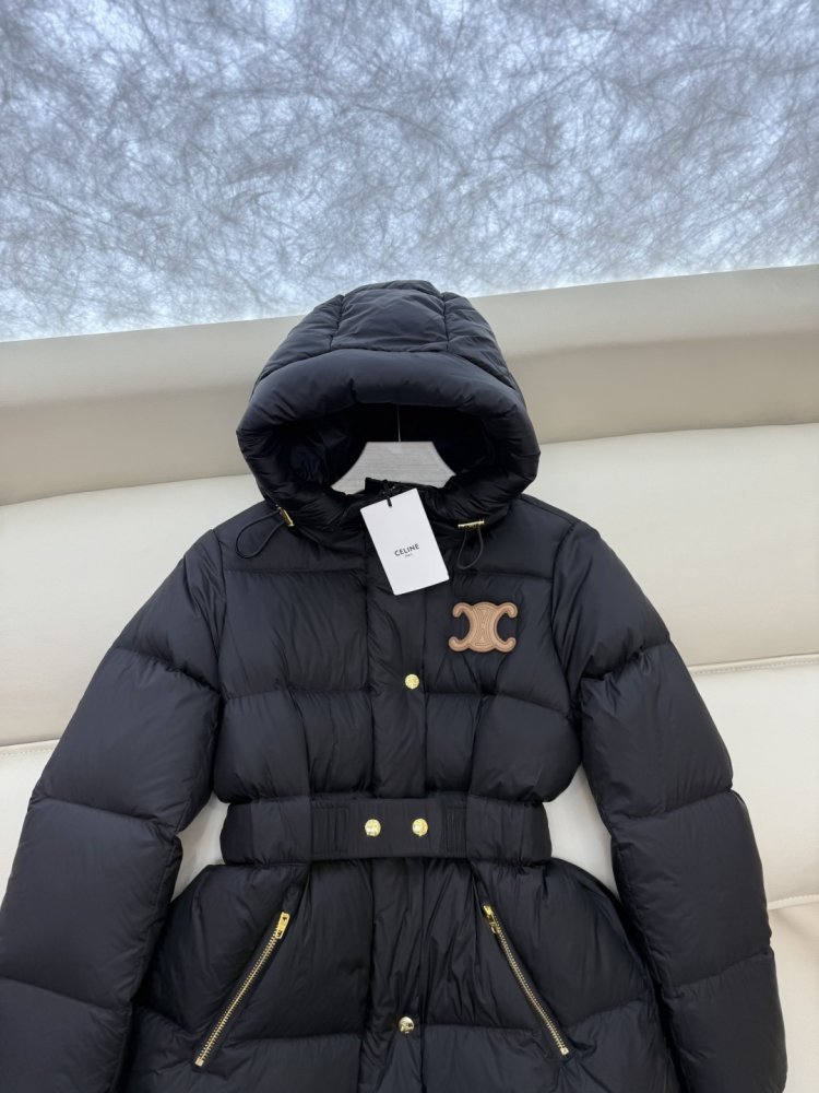 Пуховик Celine средней длины с поясом и капюшоном фото 6