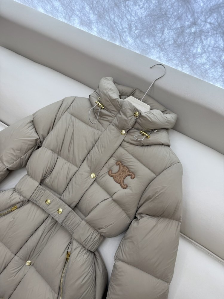 Пуховик Celine средней длины с поясом и капюшоном фото 7