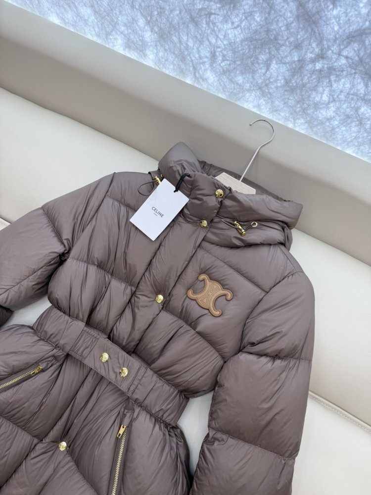 Пуховик Celine средней длины с поясом и капюшоном фото 7