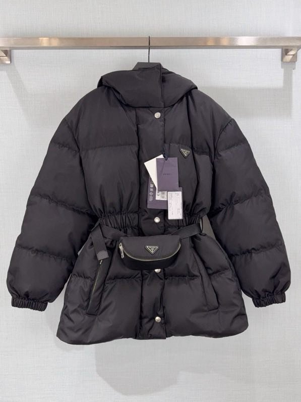 Down jacket from bag across shoulder