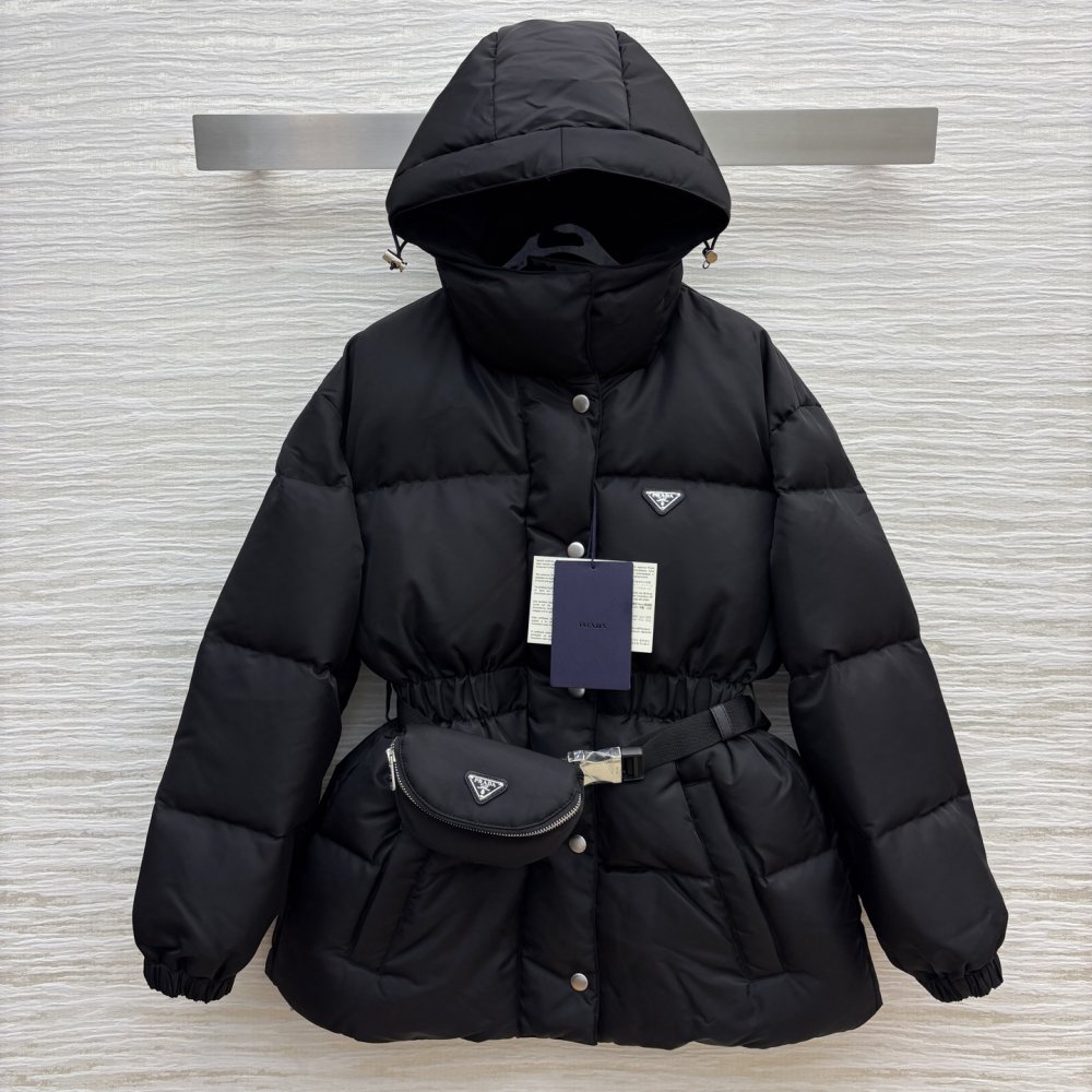 Down jacket female from hood and fitting waist