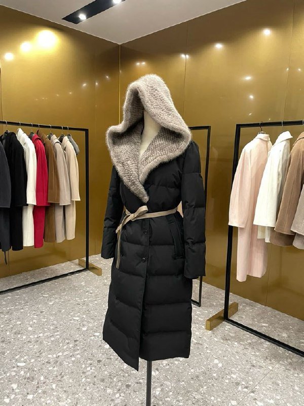 Пуховое пальто с плетением из норки