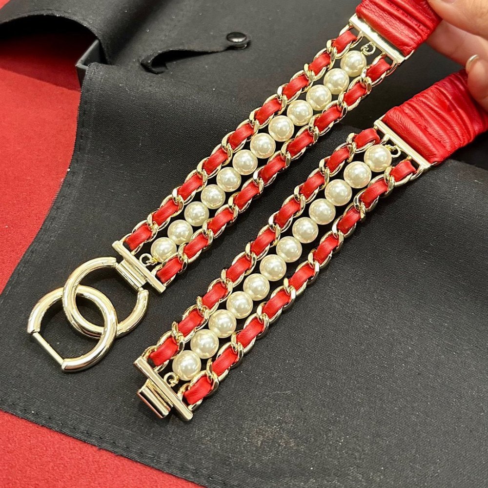 Ремень кожаный женский с цепочкой и жемчугом фото 2