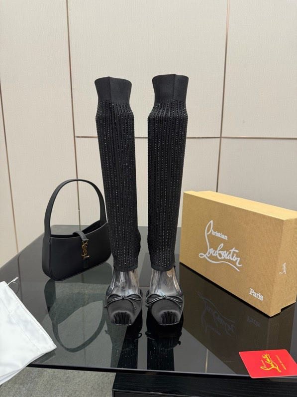 Сапоги с вязаным верхом на высоком каблуке фото 6