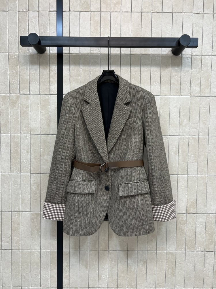 Шерстяной клетчатый блейзер с контрастными рукавами женский