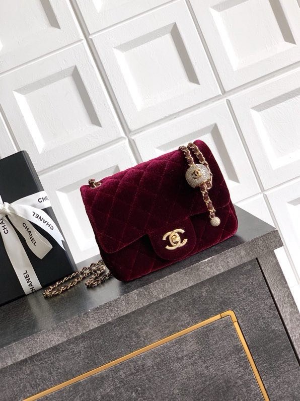 Сумка бордовая бархатная Chanel  25B Velvet 18 см