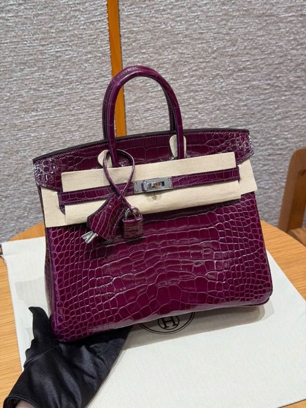 Сумка женская Birkin 25 см в глянцевой коже аллигатора, цвет фиолетовый