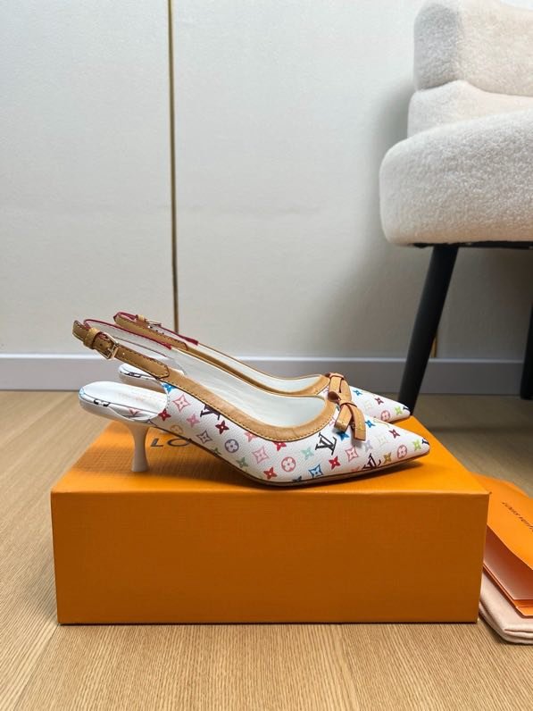 Туфли-слингбэк из мультиколор монограммной канвы с бантом на kitten heel