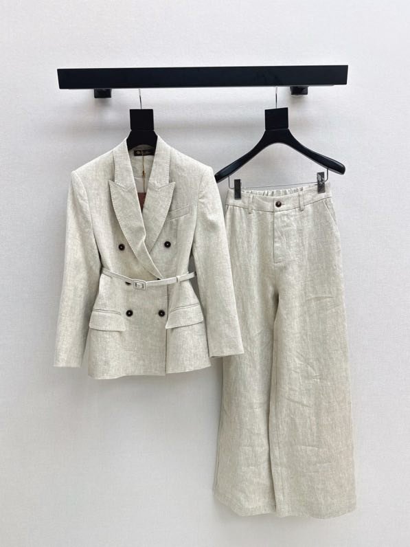 Женский льняной костюм (Двубортный пиджак и широкие брюки)